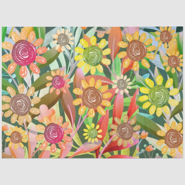 Crayon Sunflowers Colourful Greenery Tissue Paper (Front)