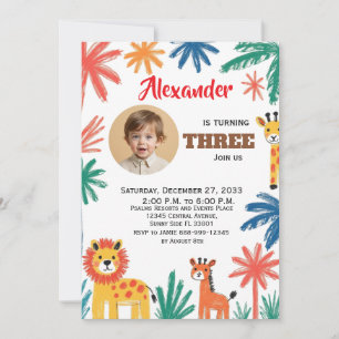 Crayon Watercolor Safari Kids Party Animals Jungle Invitation