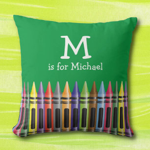 Crayons Kids Green Monogram Name Pattern Cushion