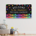 Crayons Stars Colourful Welcome Teacher's Classroo Banner<br><div class="desc">Welcome banner for a classroom personalised with the teacher's name beneath colourful stars and above a row of crayons in a rainbow gradient. Kindergarten welcome banner with colourful crayons and stars against a black background. Welcome to school banner personalised with the teacher's name in a playful yellow font.</div>