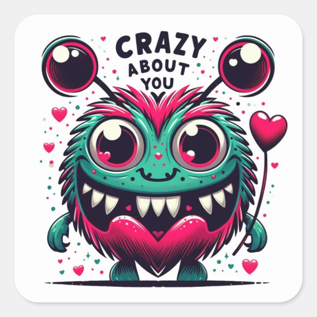 Crazy About You Valentine Silly Monster Square Sticker (Front)