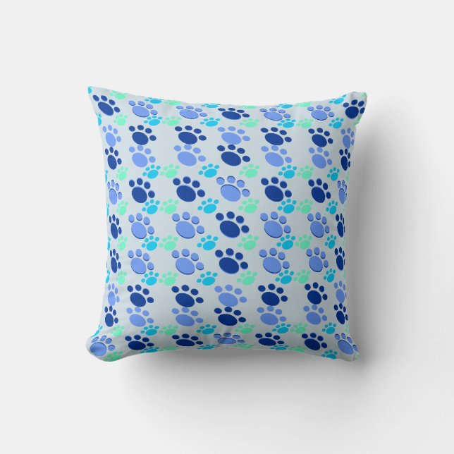 Crazy Blue Paws Throw Pillow (Front)