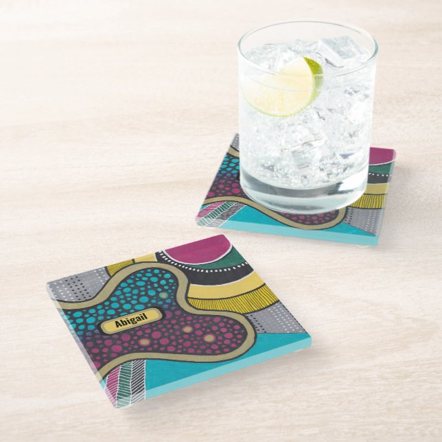 Crazy bright amoeba, doodle art, personalised glass coaster (Angled)