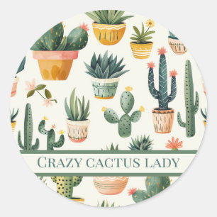 "Crazy cactus lady! text on a cactus design Classic Round Sticker