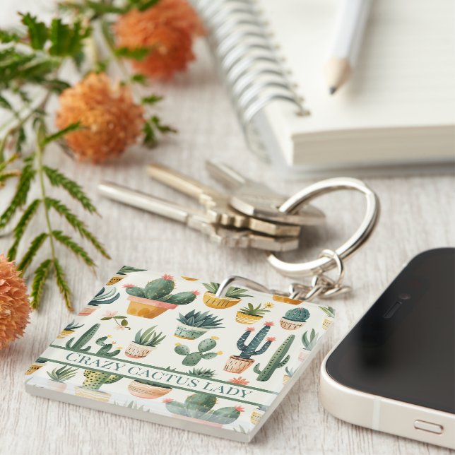 "Crazy cactus lady! text on a cactus design Key Ring (Front Right)