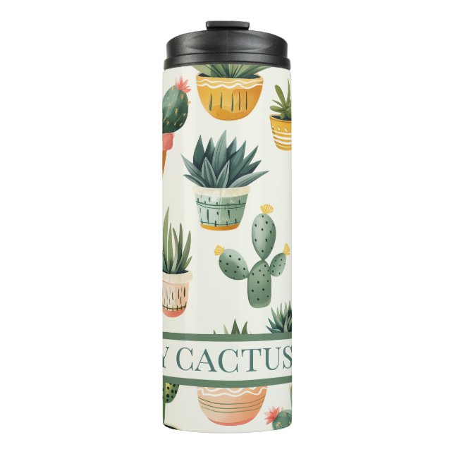 "Crazy cactus lady! text on a cactus design Thermal Tumbler (Front)