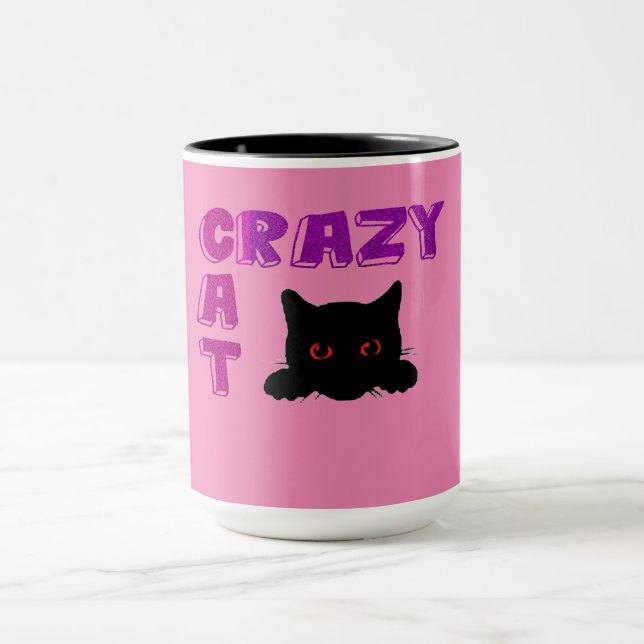 'CRAZY CAT" coffee mug in black & pink. (Center)