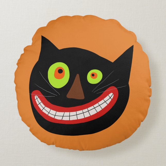 Crazy Cat Face | Halloween Round Cushion (Front)