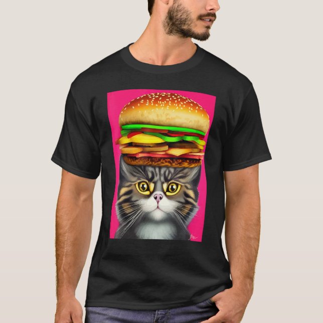 Crazy Cat Hamburger Head Cat Burger Kitten  Joke T-Shirt (Front)