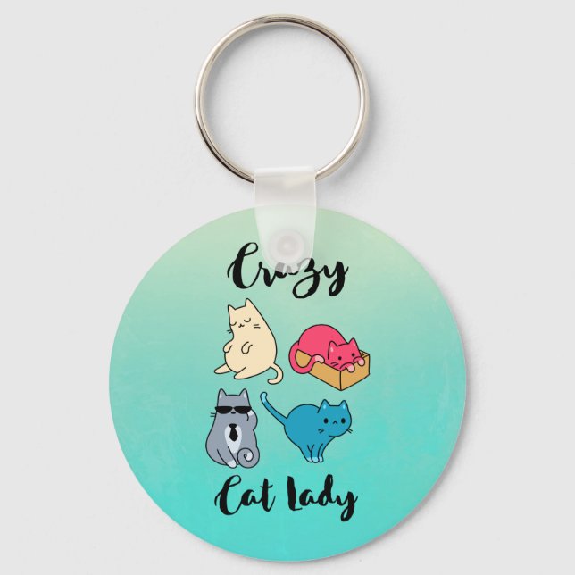 Crazy Cat Lady and 4 Cute Cats Key Ring (Front)