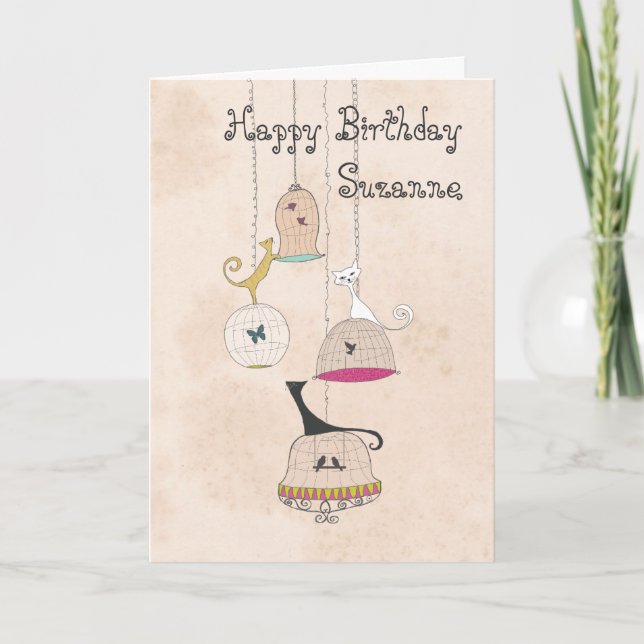 Crazy Cat Lady Cats n Birdcages birthday cards (Front)