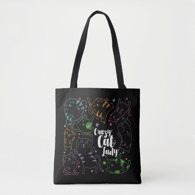 Crazy Cat Lady Colourful Cartoon Pattern Gift Tote Bag (Front)