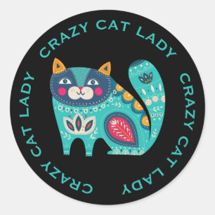 Crazy Cat Lady, Colourful Stylised Cat Classic Round Sticker