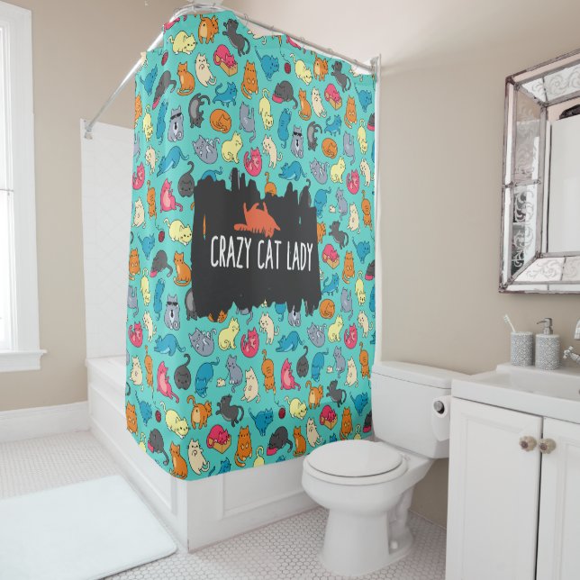 Crazy Cat Lady Cute and Playful Cat Pattern Shower Curtain (In Situ)
