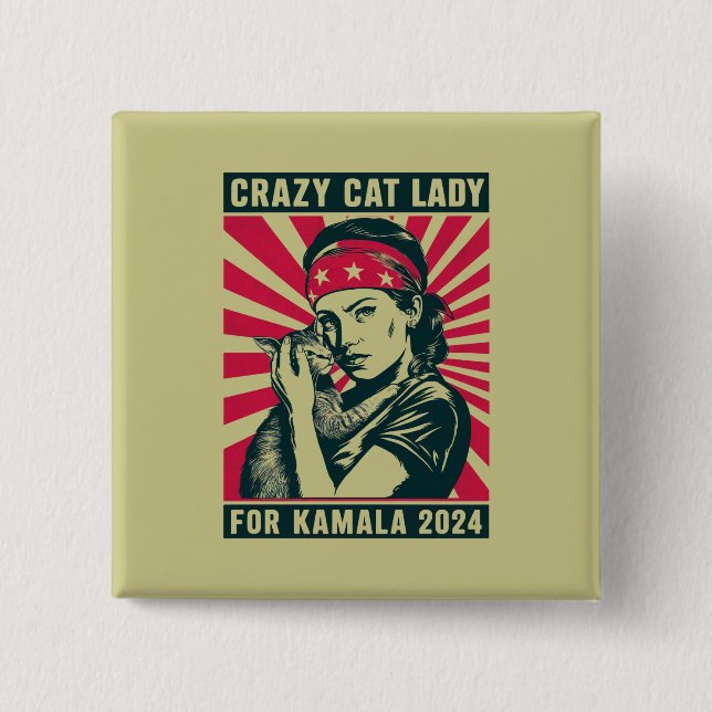 Crazy Cat Lady For Kamala 2024  15 Cm Square Badge (Front)