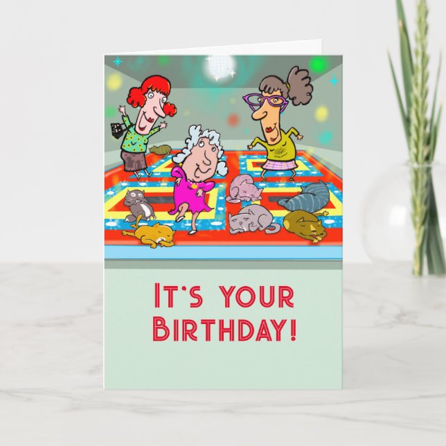 Crazy Cat Lady friends dancing at a Disco.  Card (Front)