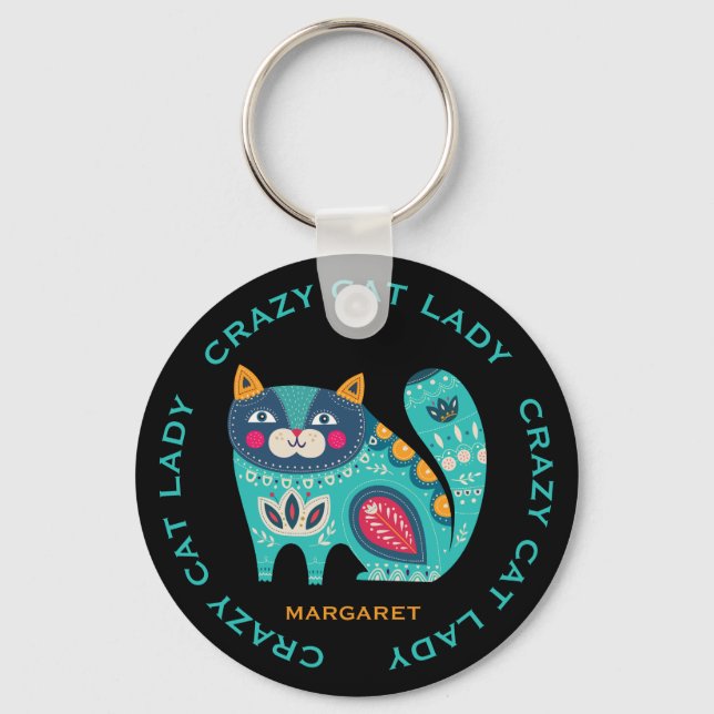 Crazy Cat Lady, Fun Stylised  Cat Illustration  Key Ring (Front)