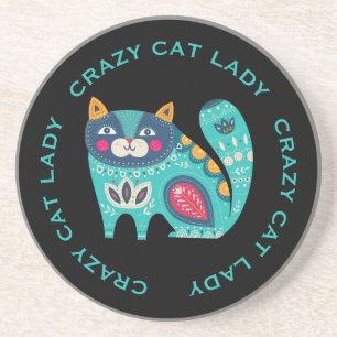 Crazy Cat Lady, Fun Stylised Cat on Black Coaster