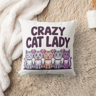 Crazy Cat Lady Funny Cute Purple Cat Cartoon Throw Cushion