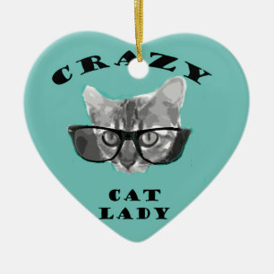 Crazy Cat Lady Funny Slogan with Hipster Glasses Ceramic Tree Decoration