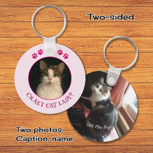 Crazy cat lady photo custom text pink key ring