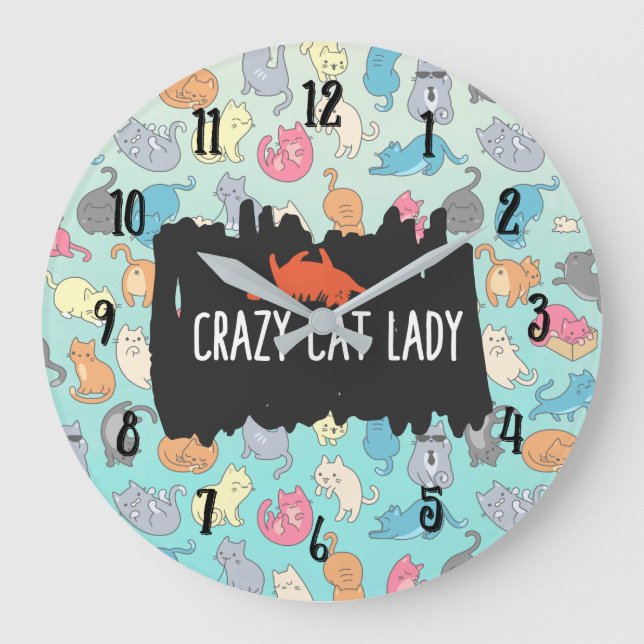 Crazy Cat Lady Playful Cat Pattern Large Clock (Front)