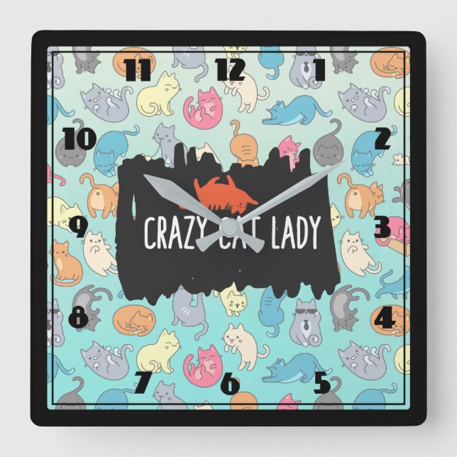 Crazy Cat Lady Playful Cat Pattern Square Wall Clock (Front)