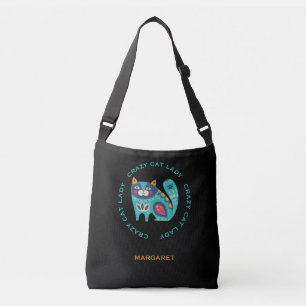 Crazy Cat Lady, Stylised Cat Illustration Crossbody Bag