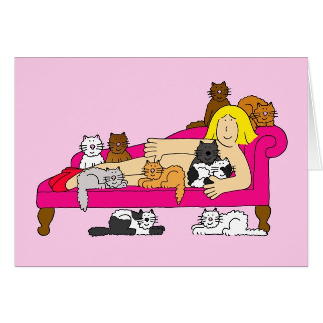Crazy Cat Lady with Cats Cartoon (Front Horizontal)