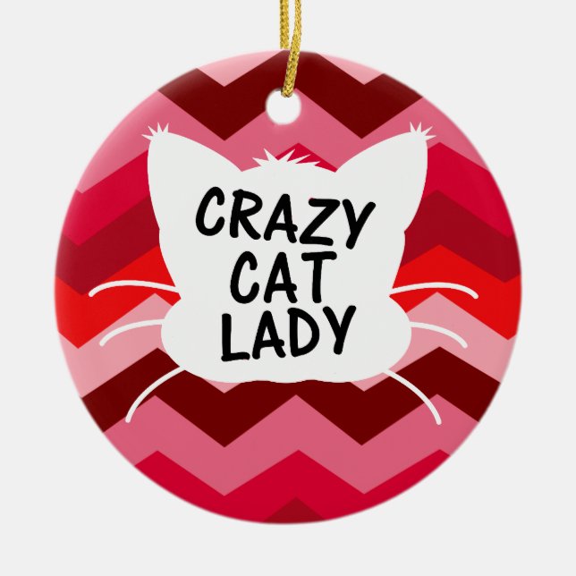 Crazy Cat Lady with Red Chevron Pattern Ceramic Tree Decoration (Front)
