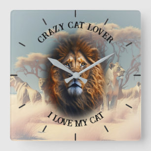 "CRAZY CAT LOVER" Square Personalised Wall Clock
