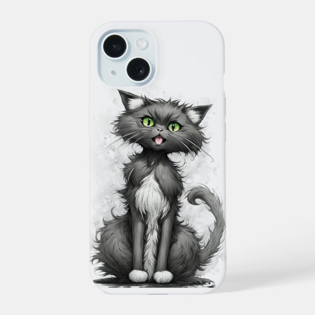 Crazy Cat On White iPhone 15 Case (Back)