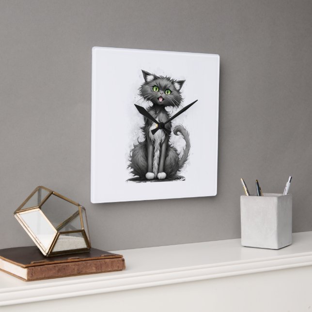 Crazy Cat On White Square Wall Clock (Office)