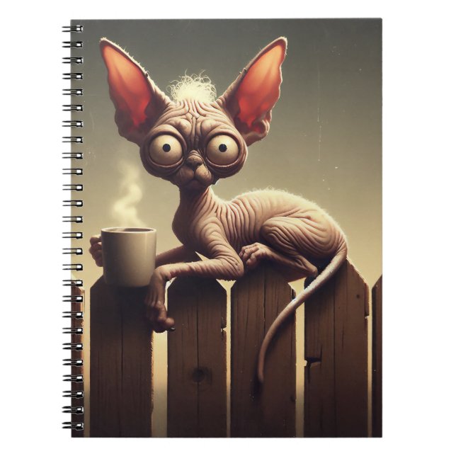 CRAZY CAT WITH CUP OF COFFEE ON FENCE NOTEBOOK (Front)