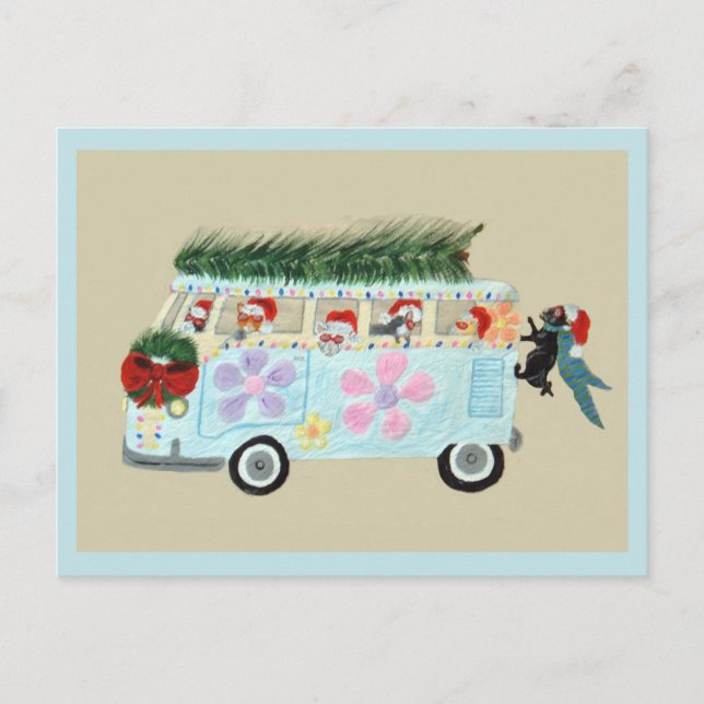 Crazy Cats in their Christmas Hippie Van Invitation Postcard (Front)