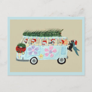 Crazy Cats in their Christmas Hippie Van Postcard