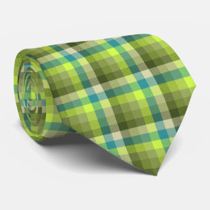 Crazy Check Plaid Olive Green and Teal Two-Sided Tie