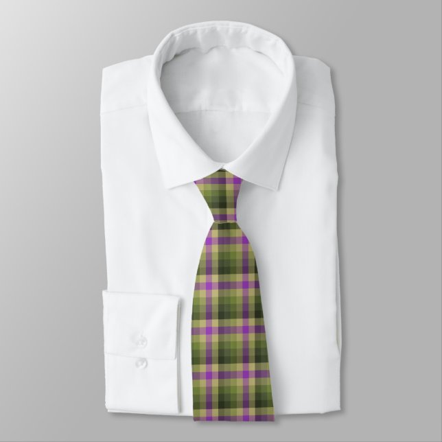 Crazy Check Plaid Olive Green and Violet Two-Sided Tie (Tied)