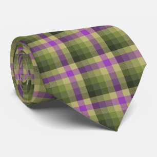 Crazy Check Plaid Olive Green and Violet Two-Sided Tie