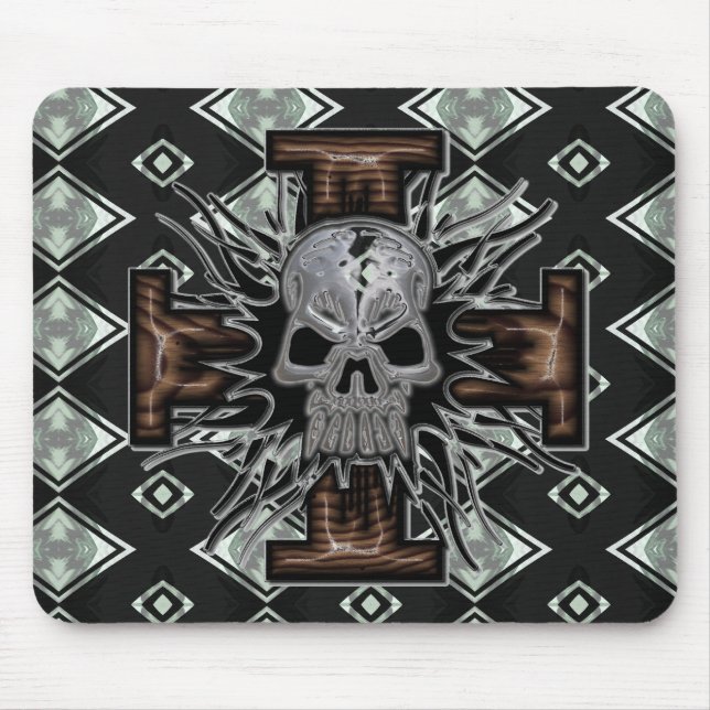 Crazy Chrome Skull with Wooden 3D Beveled Cross al Mouse Mat (Front)
