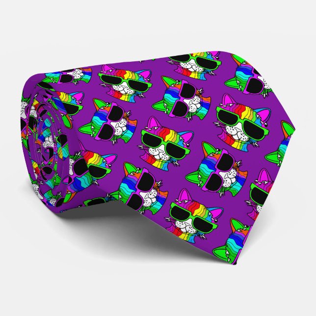 Crazy Colourful Cool Rainbow Cat Pattern on Purple Tie (Rolled)
