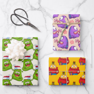 Crazy Colourful Monster Christmas Pattern Wrapping Paper Sheet