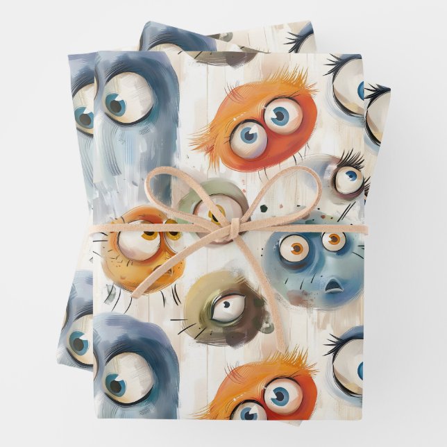Crazy colourful monster eyes wrapping paper sheet (In situ)