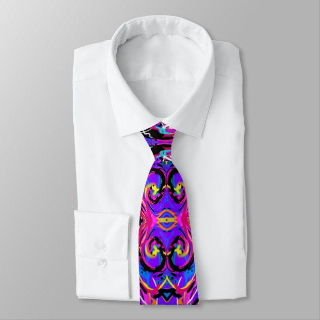 Crazy colourful purple pink blue abstract art tie (Tied)