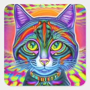 Crazy Cool Eyed Mystical Colourful Cat  Square Sticker