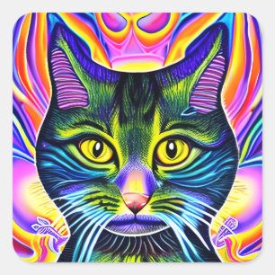 Crazy Cool Eyed Spiritual Colourful Cat   Square Sticker
