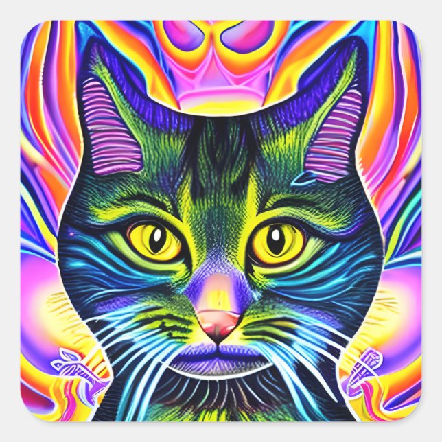 Crazy Cool Eyed Spiritual Colourful Cat   Square Sticker (Front)