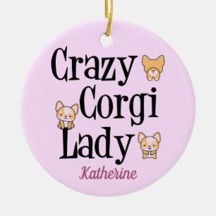 Crazy Corgi Lady Cute Pink Monogram Ceramic Tree Decoration