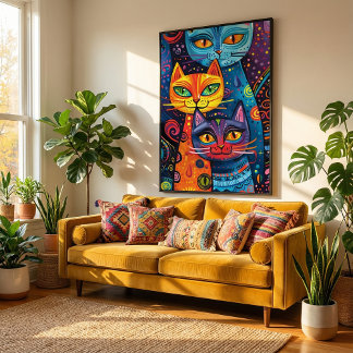 Crazy Cute Cats: Bright Doodle Cartoon Banner Poster