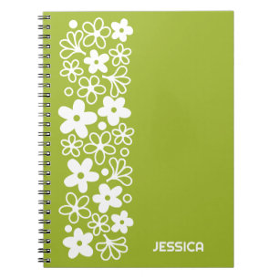Crazy Daisy Pattern in Spring Green with Name Notebook